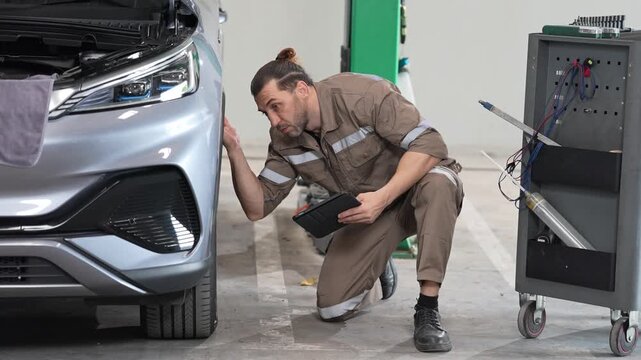 Mechanic technician car inspection repair workshop diagnostic tablet, crouching beside front bumper in service garage, checking headlight alignment and bodywork with tool cart
