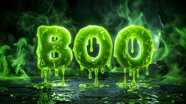 Spooky green slime text boo dripping on dark stone surface with green smoke