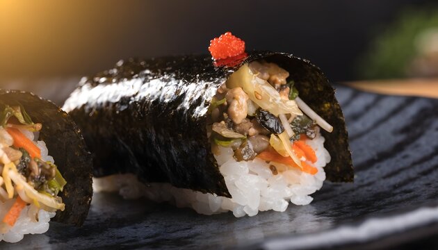 Japanese Maki Sushi Rolls Filled with Myanmar Fermented Tea Leaf Salad on Black Ceramic Plate