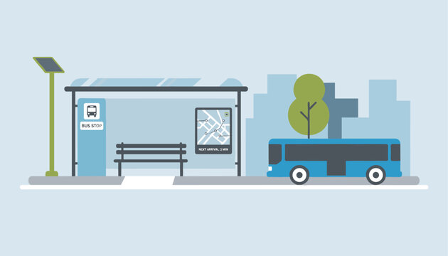 Flat design illustration of a modern blue city bus waiting at a bus stop with a bench a sign and a map on a light blue background.