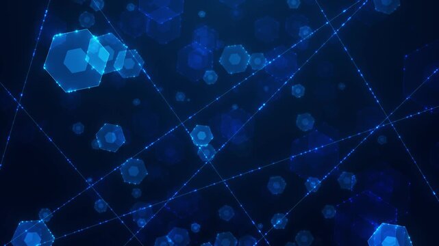 Digital hex cell connection visual blue polygons, particle nodes, crossing network arcs on dark background. science intros, tech presentations, medical explainers, blockchain clips, motion graphics.