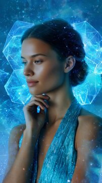 A graceful young woman poses with a serene expression, surrounded by a glowing geometric blue aura and starry digital effects. This artwork fuses futuristic aesthetics with ethereal elegance