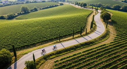 Obraz premium Two cyclists race on a winding road through lush green vineyards under bright sunlight