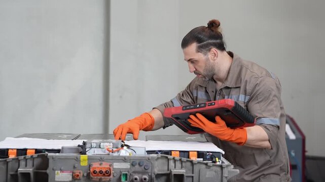 Electric vehicle battery technician diagnostic maintenance workshop safety glove tablet mechanic inspecting high voltage battery pack with scan tool, testing connections during service repair