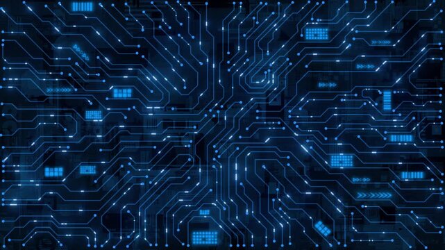 Royal blue color computer microchip glowing circuit board futuristic data transfer technology background