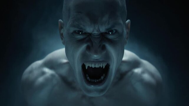 Angry vampire snarling in a dark space with a glowing red triangle background