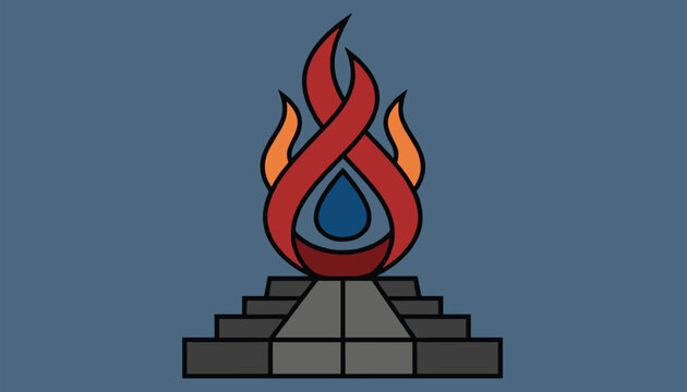 Graphic logo showing a flame element with a water drop at the center resting on a stepped pyramid against a blue background.