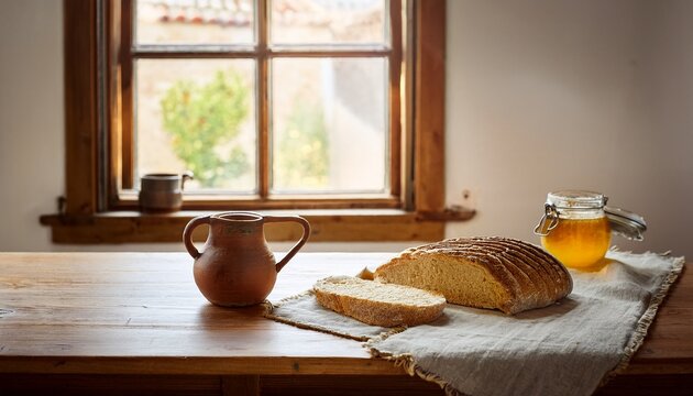 solid oak farmhouse table in a tuscan kitchen with vintage ceramic cup honey pot and torn bread on linen cloth by a window