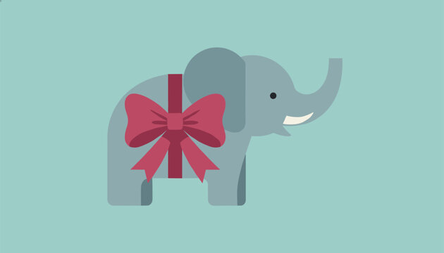 Gray elephant figure decorated with a large red ribbon bow on a soft light blue background illustration design concept.