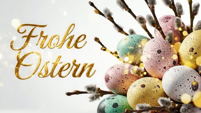 Frohe ostern gold text animation with colorful speckled easter eggs and pussy willow branches for spring holiday greeting