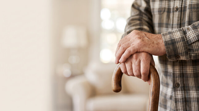 Closeup of an elderly mans hands resting on a wooden walking cane