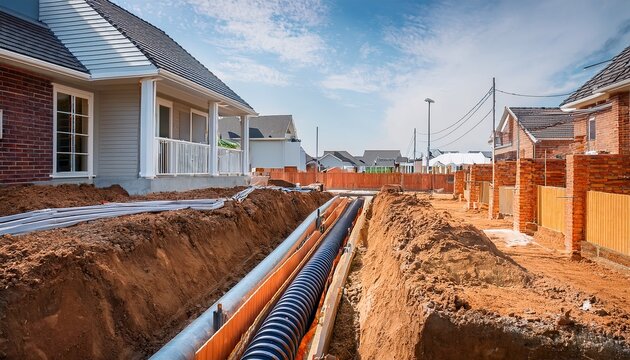 underground pipe installation for home infrastructure trench in ground with utility lines modern residential building construction site work