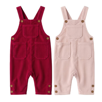 Two baby overalls one red corduroy and one striped isolated on transparent background