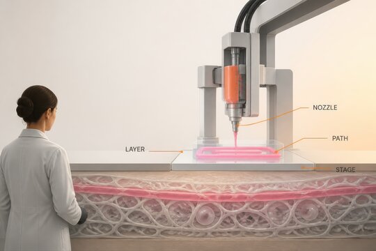 3D bioprinting system in laboratory with scientist and tissue scaffold