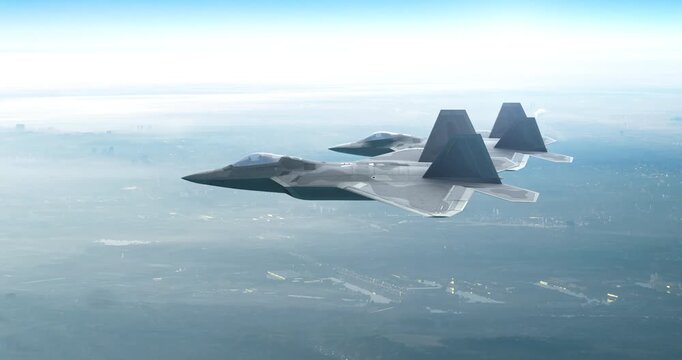 F-22 Raptor military aircraft patrolling high altitude airspace over industrial city. War Related 3D Animation.