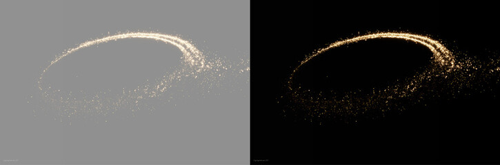 glowing gold particle circle ring isolated on transparent and black background. Futuristic sparkling golden dust orbit stream banner for graphic design © Aura Canvas