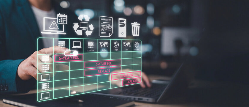 It professional managing hardware lifecycle and equipment replacement schedule on a digital holographic interface