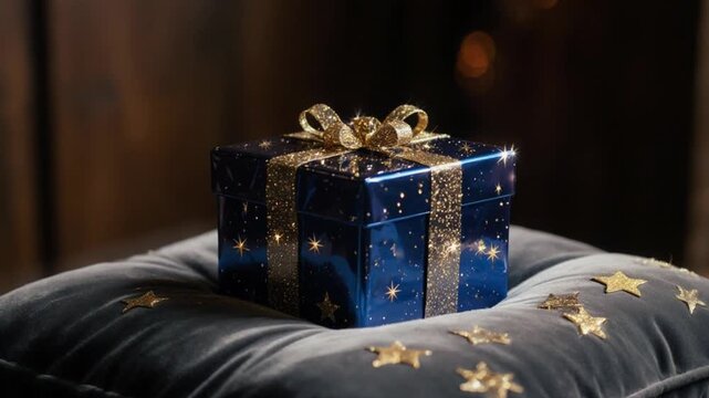 Blue gift box on a velvet cushion with star bokeh lights in the dark background