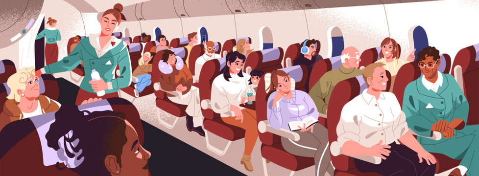 Scene with airplane and passengers sitting on their seats. People and hostesses inside cabin of aircraft. Men and women travel with plane flight. Aeroplane interior. Flat vector illustration