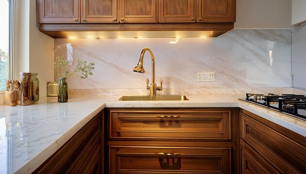 cream range cooker with antique brass pot filler in a kitchen corner featuring walnut cabinetry and marble backsplash illuminated by warm light