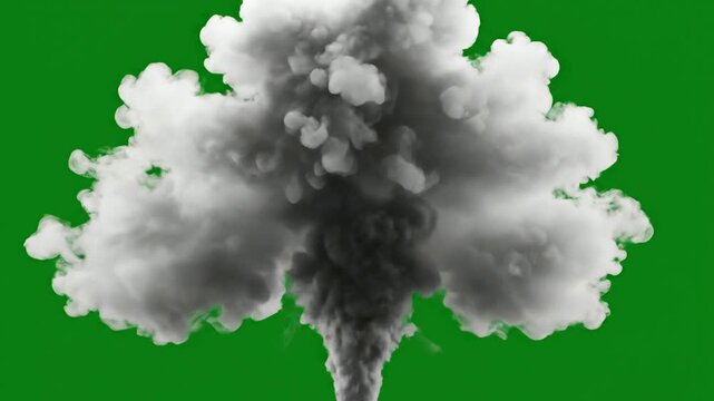Large thick smoke plume explosion isolated on green screen, realistic cgi cloud effect for visual effects compositing and motion