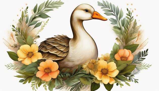 mama goose floral wreath vintage silly goose sublimation design cut out white background with shadow ai generated