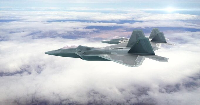 Stealth fighter aircraft F-22 flying in formation over desert terrain with clouds. War Related 3D Animation.