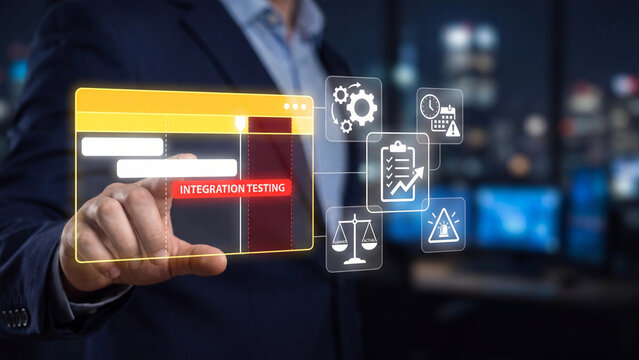 Businessman interacting with a virtual project management interface focusing on integration testing in a modern office environment