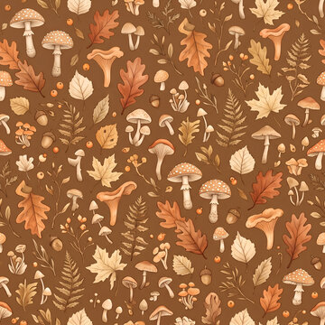 Earthy Autumn Forest Mushroom Seamless Pattern Background with Vintage Hand Drawn Oak Leaves, Acorns, Botanical Ferns, Toadstools, and Fall Flora Elements