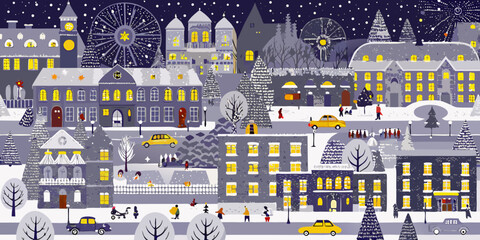 Winter cityscape illustration with buildings trees and vehicles at night © Poly