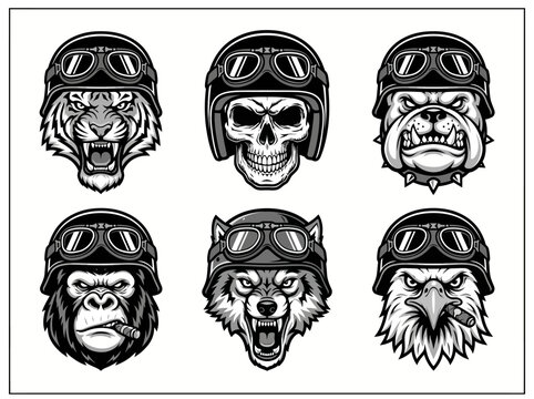 Biker mascot logo set with animals. Vintage motorcycle club emblems and graphic icons.