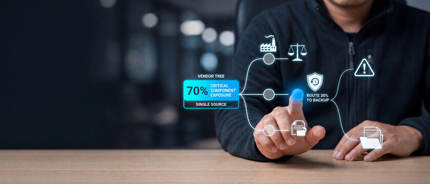 Supply chain risk management concept with digital interface showing vendor tree, critical component exposure and backup routing