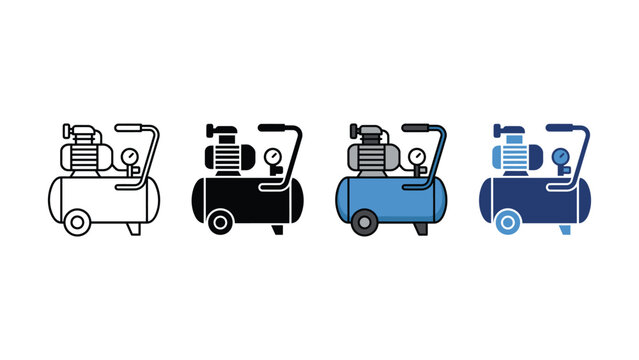 Four different colored air compressor machine icons in a row on white background