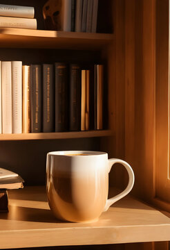 Warm coffee mug on a wooden shelf with books, cozy home atmosphere, morning light, relaxation and comfort