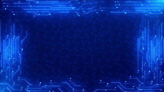 Digital blue circuit border visual bright electronic traces, small node lights, and clean central copy area. tech title screens, cyber security intros, software explainers, UI panels, motion graphics.