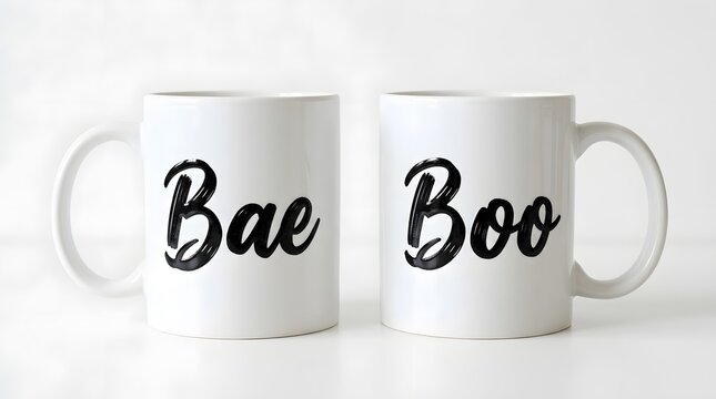 Set of two white ceramic mugs with bae and boo text isolated on white background