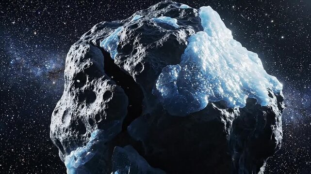 A close up view of a massive, cratered asteroid with glowing blue crystalline structures, drifting slowly through the dark expanse of space filled with sparkling stars.