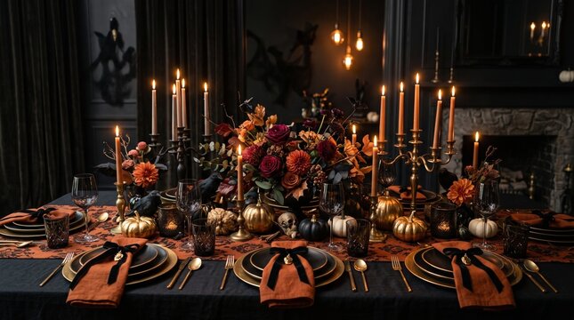 luxury halloween dinner table, black tablecloth, orange runner, gold pumpkins, 
black and gold candelabras with lit candles, floral centerpiece, skull decor, 
elegant plates with orange napkins, candl