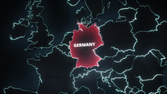 Stylized map of Germany, Europe with a pulsating red highlight, neon outlines, and glowing typography, ideal for a broadcast news opener or geopolitical presentation.
