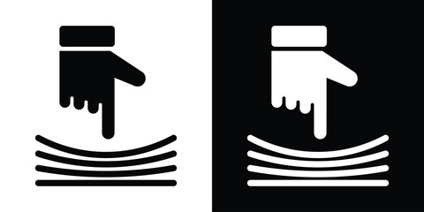 Obraz premium Minimalist vector icon of a hand pressing downward with motion lines below. Flat black and white glyph illustrating push, pressure, touch interaction, activation, user interface control, and touchscre