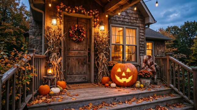 cozy rustic house porch at dusk, glowing jack-o-lantern, pumpkins, corn stalks, 
autumn wreath on wooden door, fall leaves, string lights, lantern, 
warm lights from windows, photorealistic, 8k --ar 1