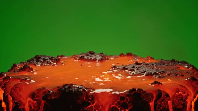 Molten lava flowing and splashing on green screen background, for vfx compositing, and geological simulation