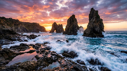 Fototapeta premium Dramatic ocean sunset over a rocky coastline with towering sea stacks and crashing waves.