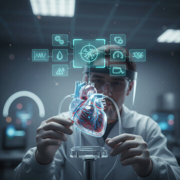 A close-up photograph of a scientist in a lab coat and face shield monitoring a transparent synthetic bio-heart with holographic medical data interfaces in a futuristic laboratory