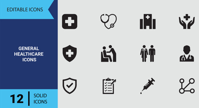 Essential Primary Healthcare Services Solid Symbol Collection Covering Routine Medical Checkups Clinical Wellness