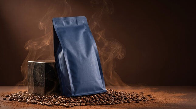 Blank matte navy blue coffee pouch leaning on a pedestal surrounded by roasted coffee beans and steam