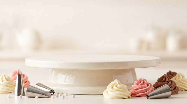 Ceramic cake turntable with frosting swirls and metal piping tips on a bright kitchen background