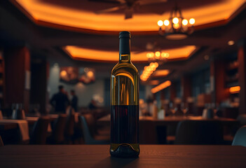 Obraz premium Wine bottle on a wooden table in a restaurant with warm ambient lighting and blurred background