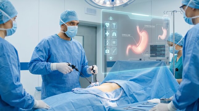 Surgeons performing a laparoscopic gastric bypass surgery using advanced augmented reality holographic interface in a modern operating room