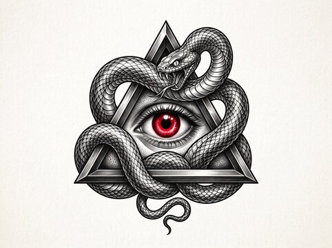 Snake wrapped around all seeing eye in pyramid symbol